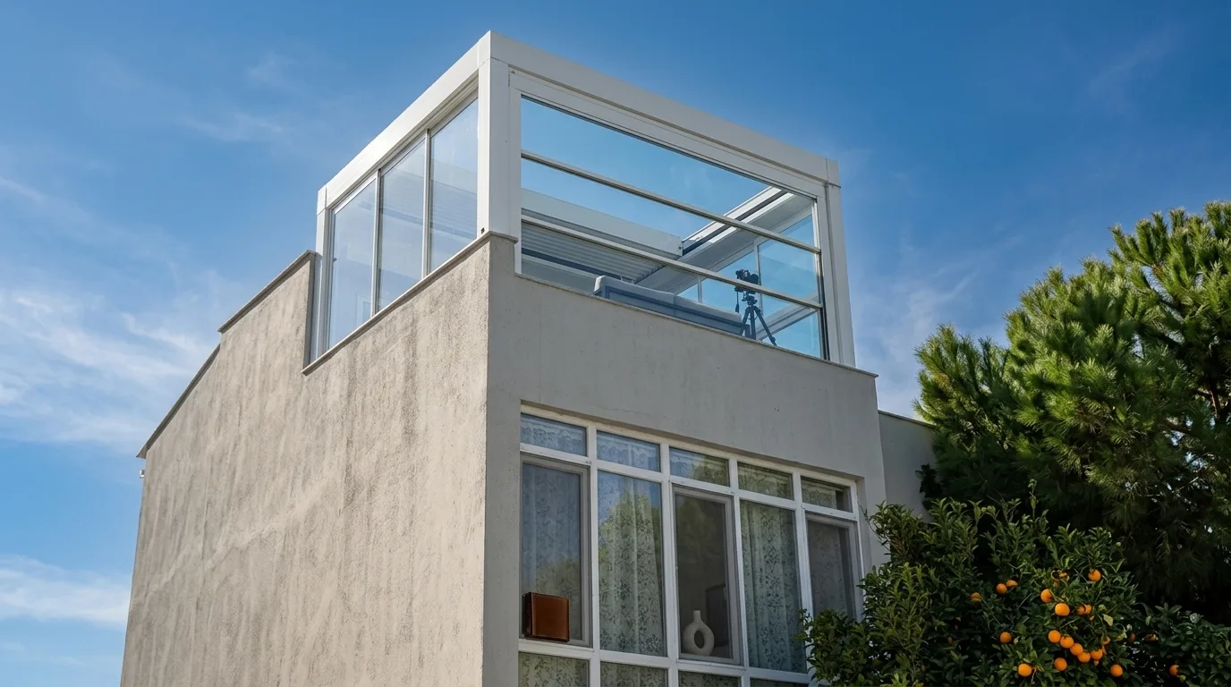 Bioclimatic pergola altında giyotin cam sistemi uygulaması, proje görünümü 3