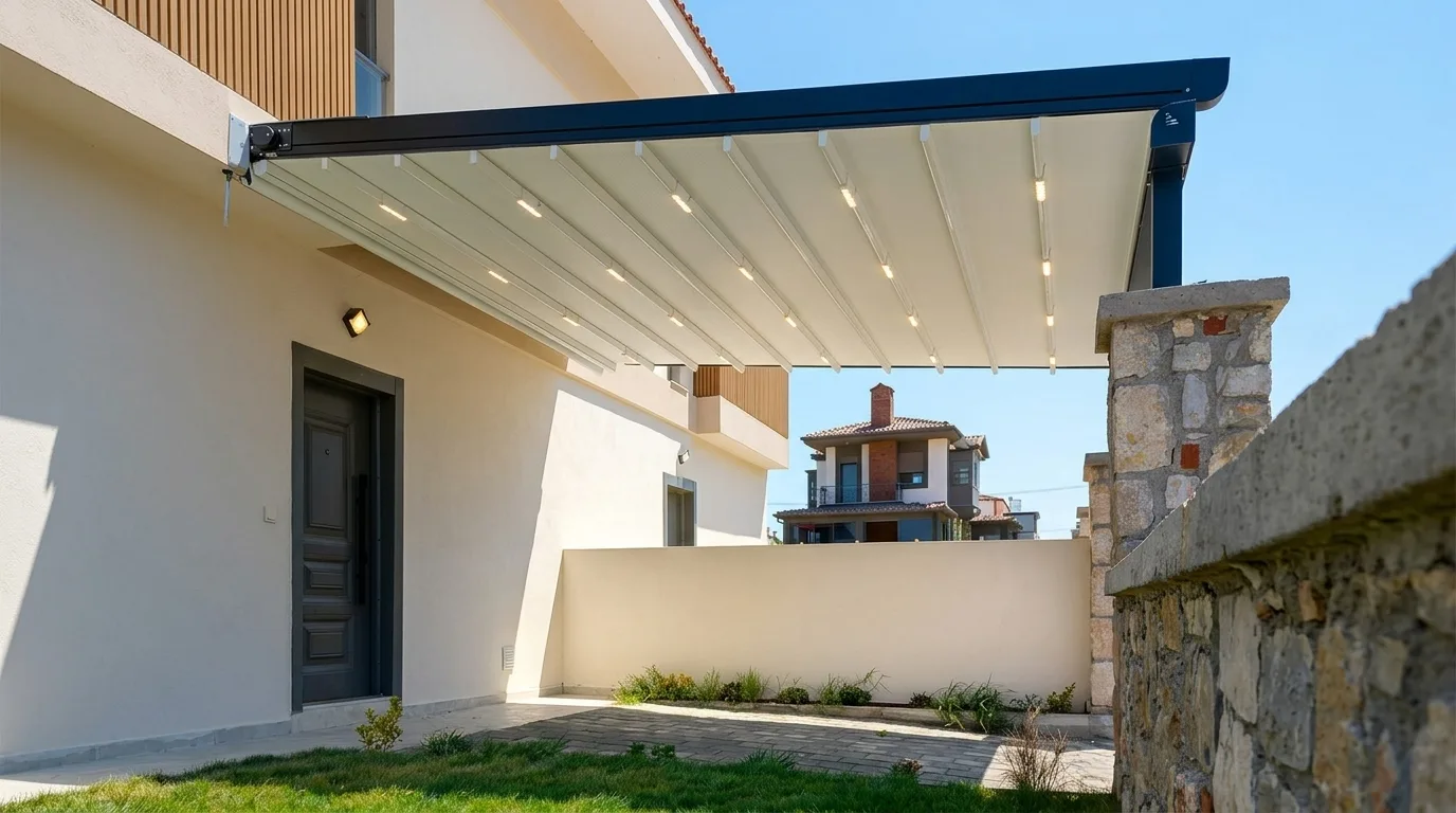 Yapı girişinde pergola tente uygulaması, proje görünümü 3