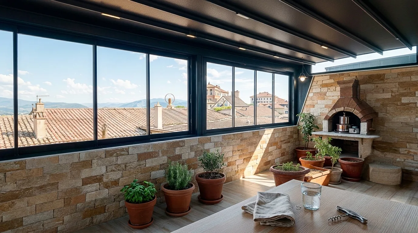 Pergola tente altında sürme cam sistemi uygulaması, proje görünümü 4