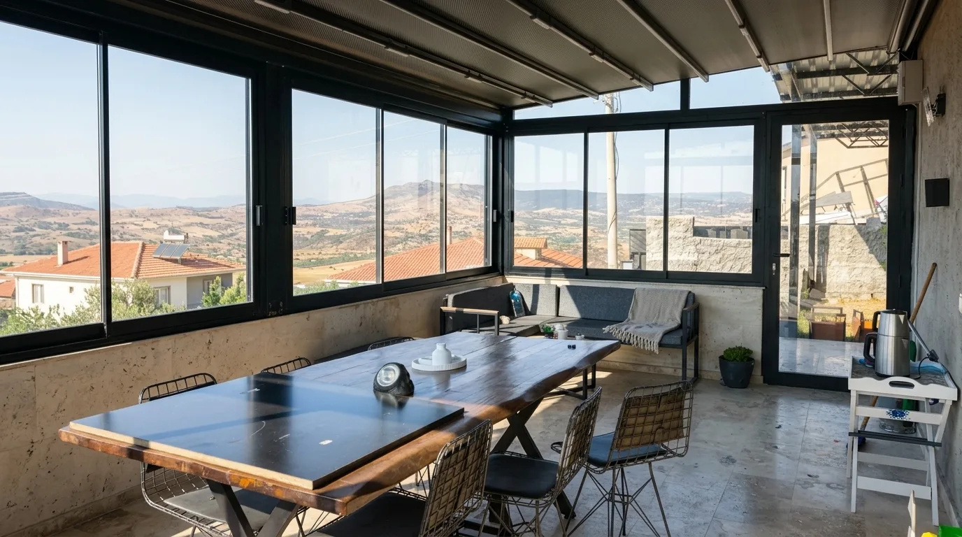 Pergola tente altında sürme cam sistemi uygulaması, proje görünümü 16